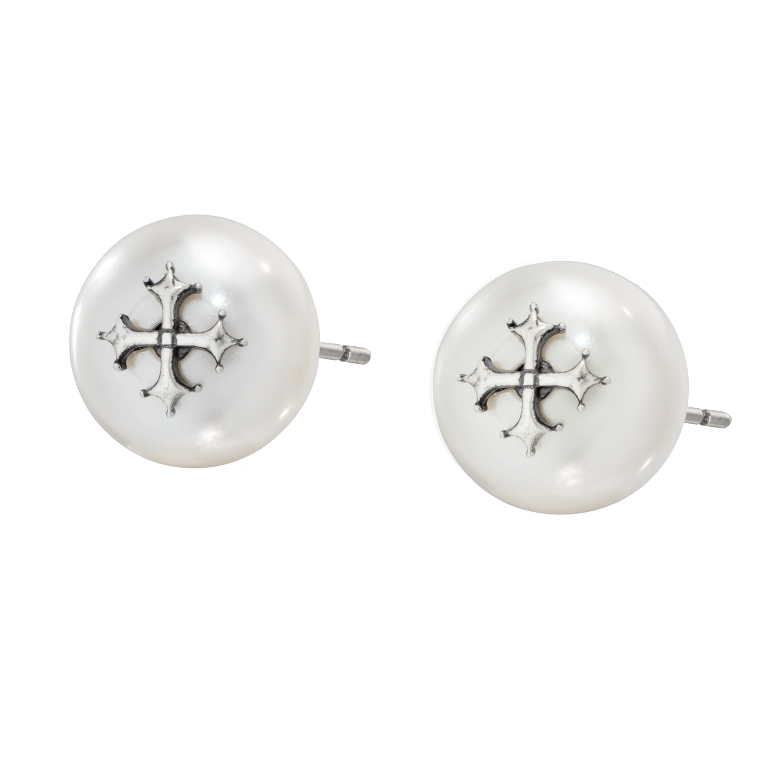 Maltese Cross Pearl Stud Earrings